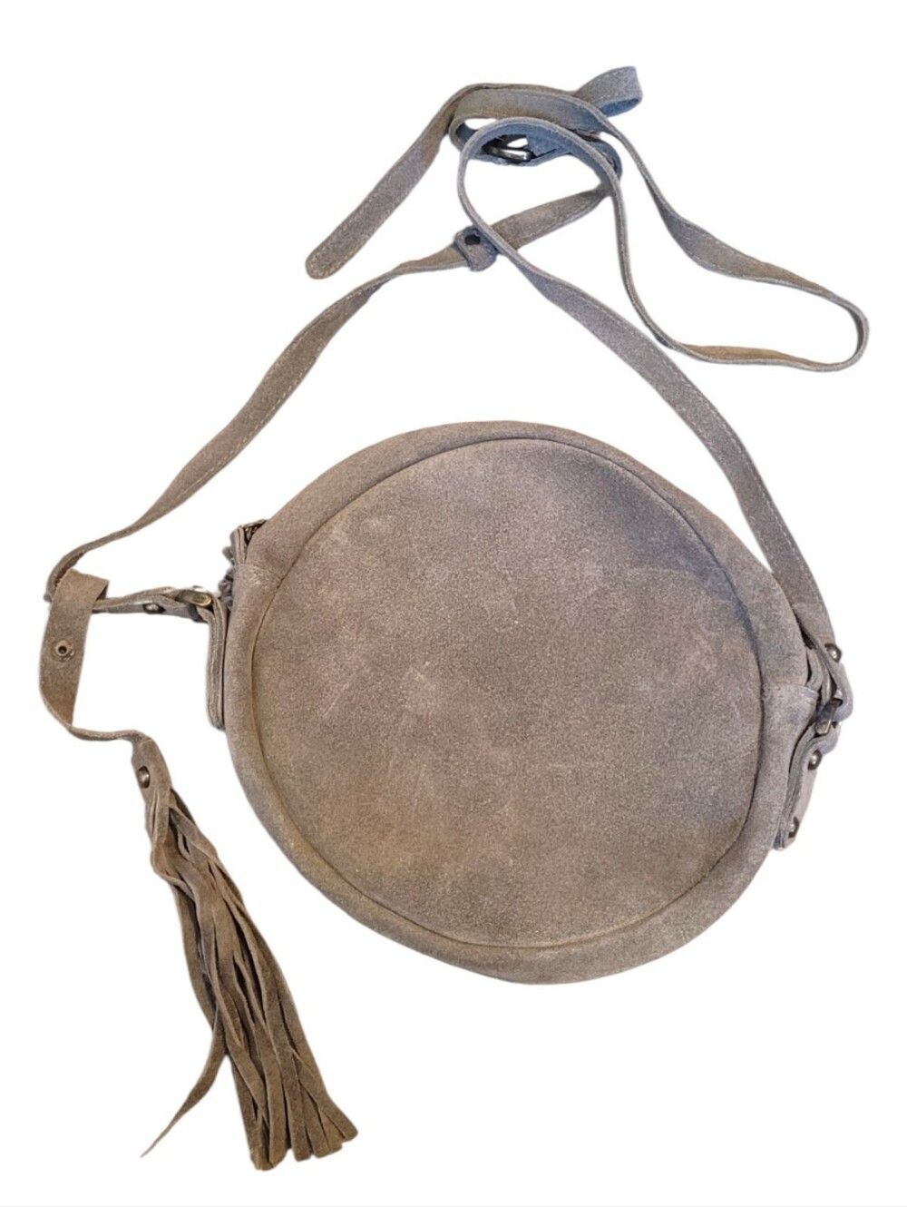Roost Boho Round Gray Suede Crossbody Bag with Tassel